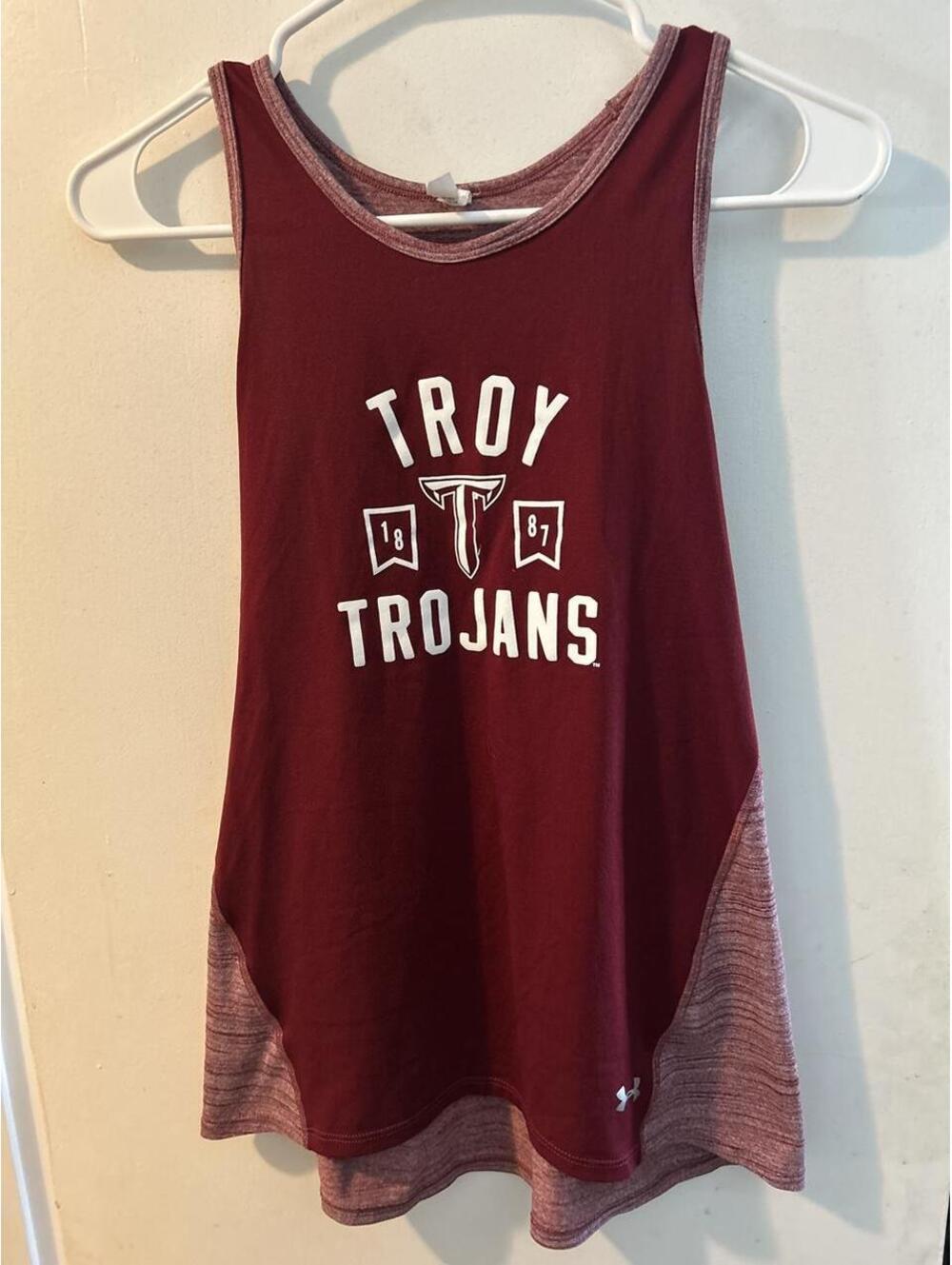 Under Armour Troy Trojans burgundy tank top with white text and logo, size M